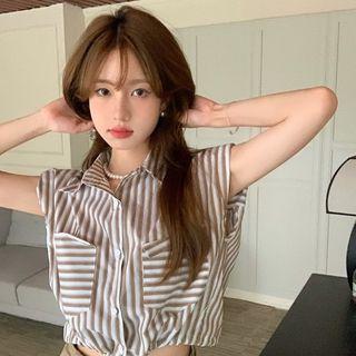 Sleeveless Striped Pocket Detail Crop Shirt
