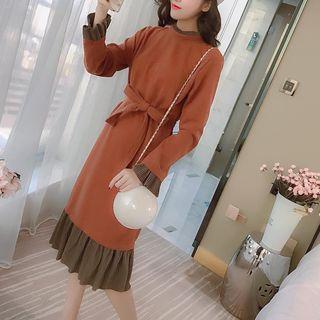 Mock Two-piece Corduroy Panel Long-sleeve Midi Dress