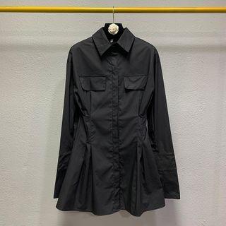 Plain Long-sleeve Shirt Panel Pleated Dress