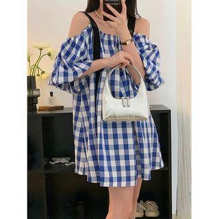 Short-sleeve Off Shoulder Plaid Shift Dress