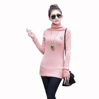 Turtleneck Padlock-detail Knit Top Pink - One Size