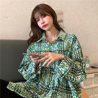 Long-sleeve Leopard Print Print Plaid Shirt