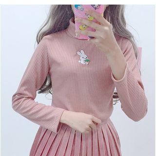 Rabbit Embroidered Turtleneck Long-sleeve Top