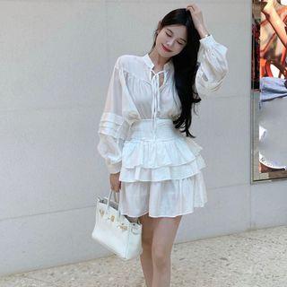 Puff Long-sleeve Tie-neck Blouse / Tiered Mini Skirt