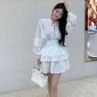 Puff Long-sleeve Tie-neck Blouse / Tiered Mini Skirt