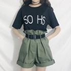 Short-sleeve Lettering T-shirt / Paperbag Waist Shorts