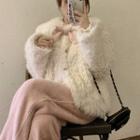 Furry Button-up Coat / Wide-leg Pants