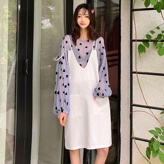 Long-sleeve Heart Print Top / Plain Pinafore Dress