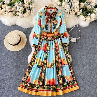Long-sleeve Fruit Print Tie-neck Midi A-line Dress