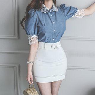 Puff-sleeve Lace Trim Denim Shirt