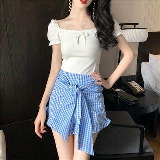 Short-sleeve Rib-knit T-shirt / Tie-waist Gingham Shorts