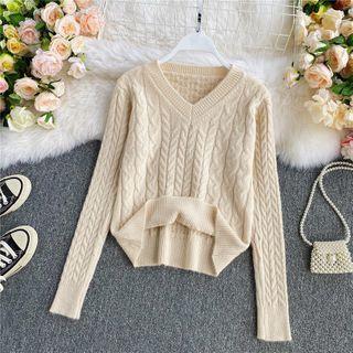 V-neck Plain Cable-knit Sweater