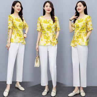 Set: Short-sleeve Floral Print Tie-waist T-shirt + Straight Leg Pants