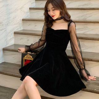 Long-sleeve Dotted Mesh A-line Mini Dress