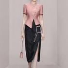 Set: Short-sleeve Qipao Top + Slit Midi Skirt
