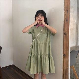 Short-sleeve Color Block Collar A-line Mini Dress