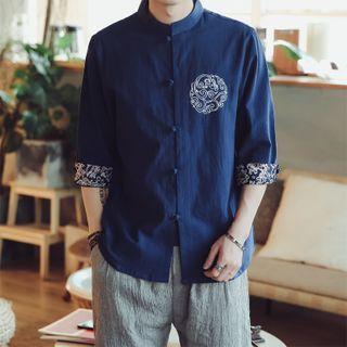 3/4-sleeve Print Trim Frog-buttoned Stand Collar Shirt