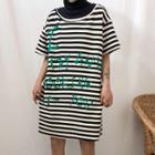 Elbow-sleeve Turtleneck Striped Mini T-shirt Dress