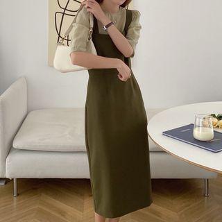 Midi Sheath Overall Dress / Elbow-sleeve Blouse