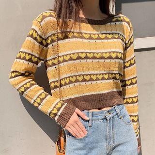 Long-sleeve Heart Print Striped Knit Top