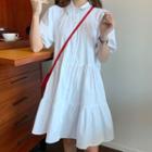 Puff-sleeve Plain Mini A-line Shirtdress