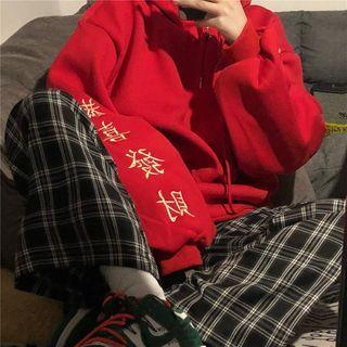Chinese Characters Embroidered Hoodie Red - One Size