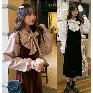 Spaghetti Strap Midi Dress / Tie-front Shirt