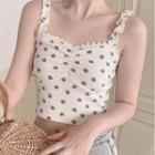 Lace Trim Floral Print Waffle Camisole Top White - One Size