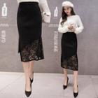 Lace Panel Midi Knit Skirt Black - One Size