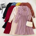 V-neck Lace-up Pleated Dress