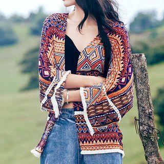 Lace Trim Patterned Open-front Jacket Blue - One Size