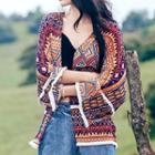 Lace Trim Patterned Open-front Jacket Blue - One Size