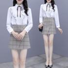 Set: Long-sleeve Ruffled Tie-neck Blouse + Plaid Mini A-line Skirt