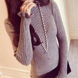 Ruffled Mock-turtleneck Rib Knit Top