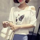 Dog Print Cold Shoulder Short-sleeve T-shirt