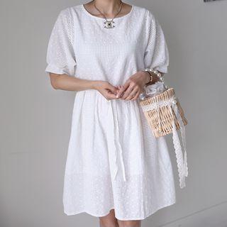 Round-neck Gathered-waist Perforated Dress