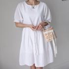 Round-neck Gathered-waist Perforated Dress