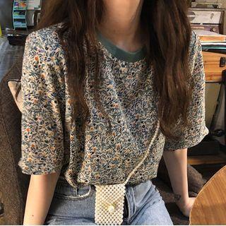 Short Sleeve Round Neck Print Crop T-shirt Green - One Size