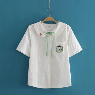 Rabbit Heart Embroidered Lapel Short Sleeve Shirt