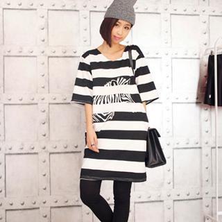 Elbow-sleeve Striped T-shirt Dress