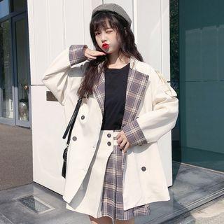 Double-breasted Trench Coat / Mini Plaid Panel A-line Skirt