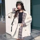 Double-breasted Trench Coat / Mini Plaid Panel A-line Skirt