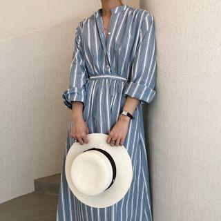 Long-sleeve Striped Shirt Dress Stripe - Airy Blue & White - One Size