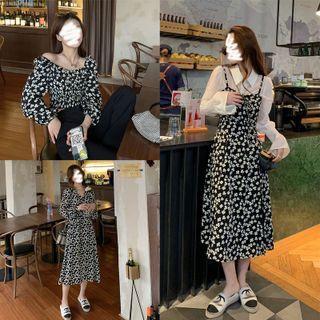 Plain Shirt / Spaghetti Strap Flower Print Midi A-line Dress / Long-sleeve A-line Dress