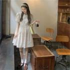Puff-sleeve Dotted A-line Dress White - One Size