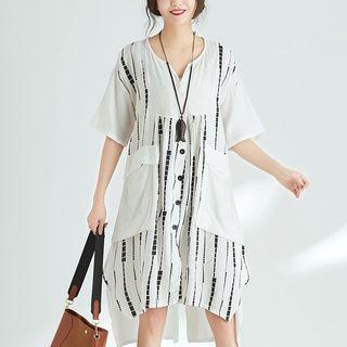 Print Short-sleeve Buttoned A-line Dress