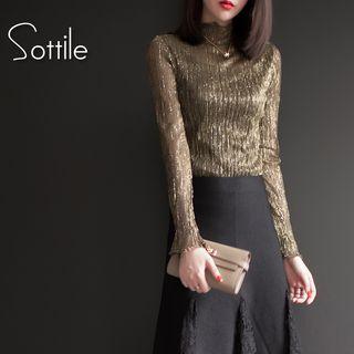 Mock-turtleneck Shirred Plain Slim Top