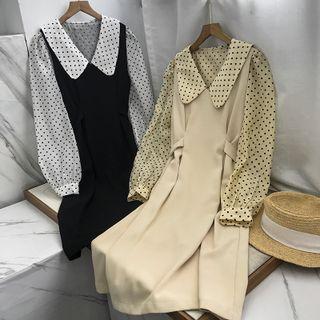 Long-sleeve Collared Dotted Dress