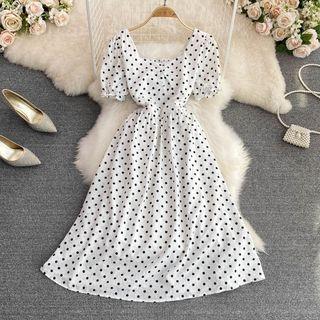 Puff Sleeve Dotted A-line Maxi Dress