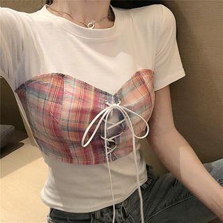 Mock Two-piece Short-sleeve Lace-up T-shirt
